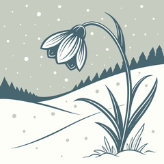 Minimilist illustration of a snowdrop flower in a snowy landscape with evergreen trees and falling snow scene art vector