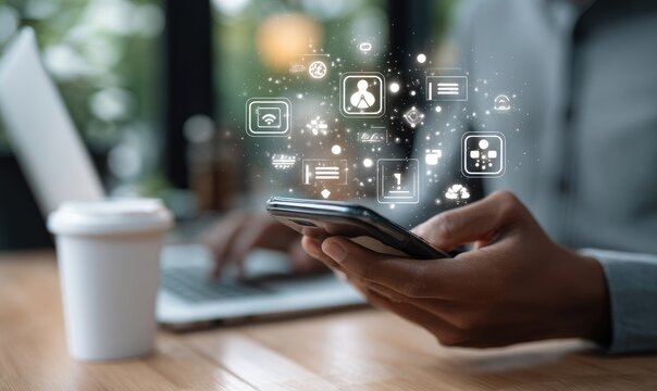 Person using smartphone with digital icons overlay