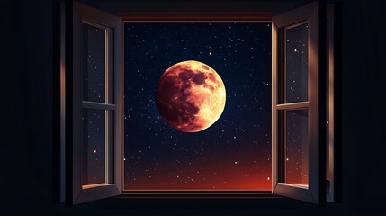 Obraz premium Red moon through window at night