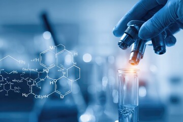 Scientist in lab coat adjusting equipment over a test tube, with chemical formulas overlaid