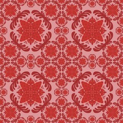 seamless pattern with snowflakes,red curves and painted to create flowers shape,leaves wiith pink background in geometric patterns to as sarong,tile,printed fabric,batik,fabric,tablecloth patterns.