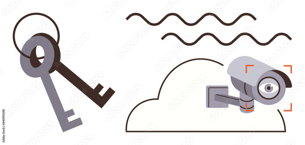 Poster old-style keys next to a cloud and a cctv camera with scanning visuals emphasize data protection, ac