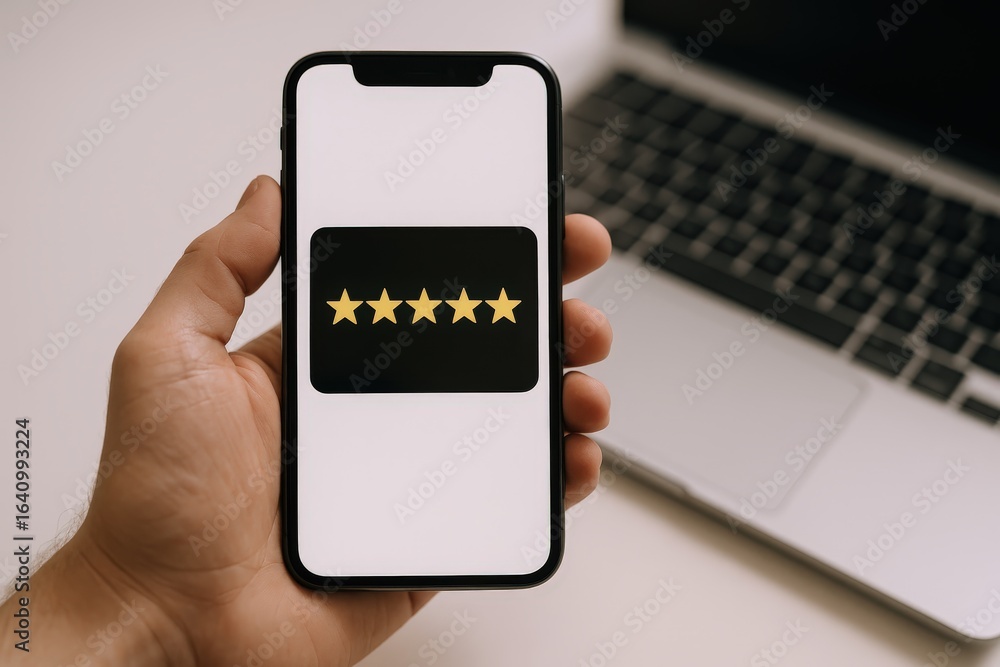 Poster five star rating on mobile device held by hand displaying positive customer experience