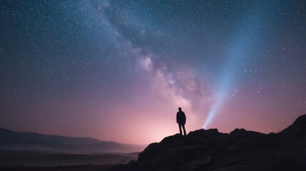 Fototapeta premium Man Silhouette Under Milky Way: Exploring Universe, Contemplation, Achieving Goals, Adventure, Future Concept