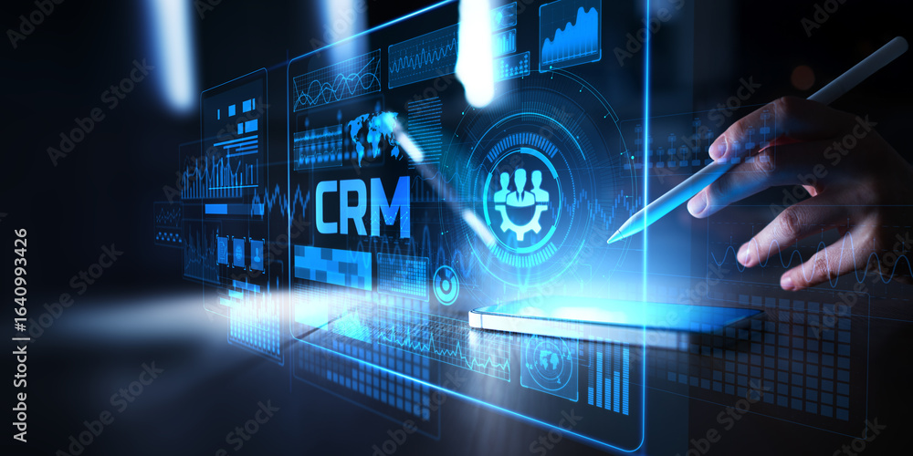 Poster customer relationship management system interface with analytics tools on virtual screen.
