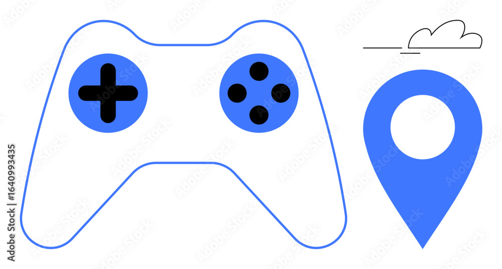 Aufkleber gamepad with directional controls next to a location pin and a cloud. ideal for gaming, navigation, 
