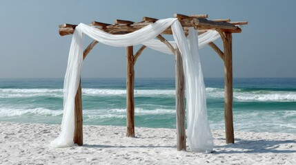 Serene Beach Wedding Arch with Sheer White Drapes Against Calm Ocean Waves and Soft Sand View
