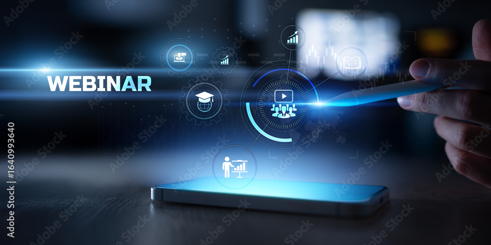 Poster webinar and online learning platform with digital conference interface on touchscreen.