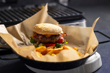 homemade cheeseburger with french fries
