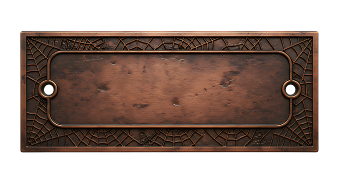 Realistic copper Halloween nameplate with cobweb-carved vintage border on transparent background