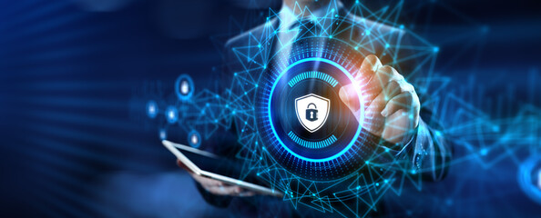 Cyber security access control data protection personal information privacy concept. Businessman pressing button on screen.