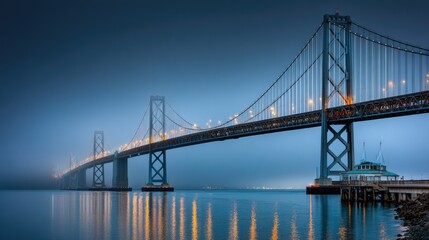 Fototapeta premium Majestic Bridge at Dawn with Fog and City Lights Reflecting on Water Surface in Tranquil Scene