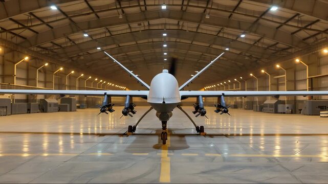 A huge combat missile and ammunition in a public hangar