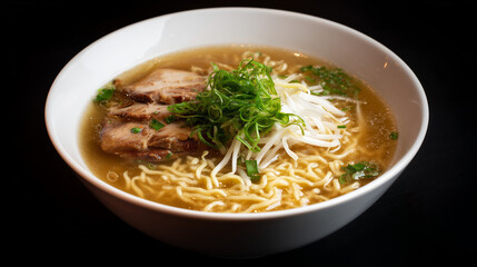 醤油ベースのスープにチャーシューやもやしを盛り付けた温かいラーメンを黒背景で撮影した