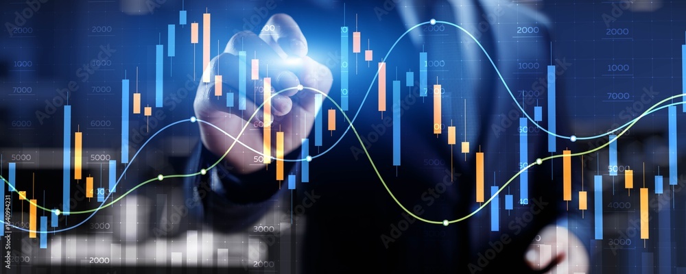Poster advanced financial analysis and strategic decision-making with digital visualization.