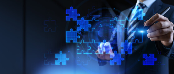 Business Strategy and Global Collaboration Concept with Digital Puzzle Integration.