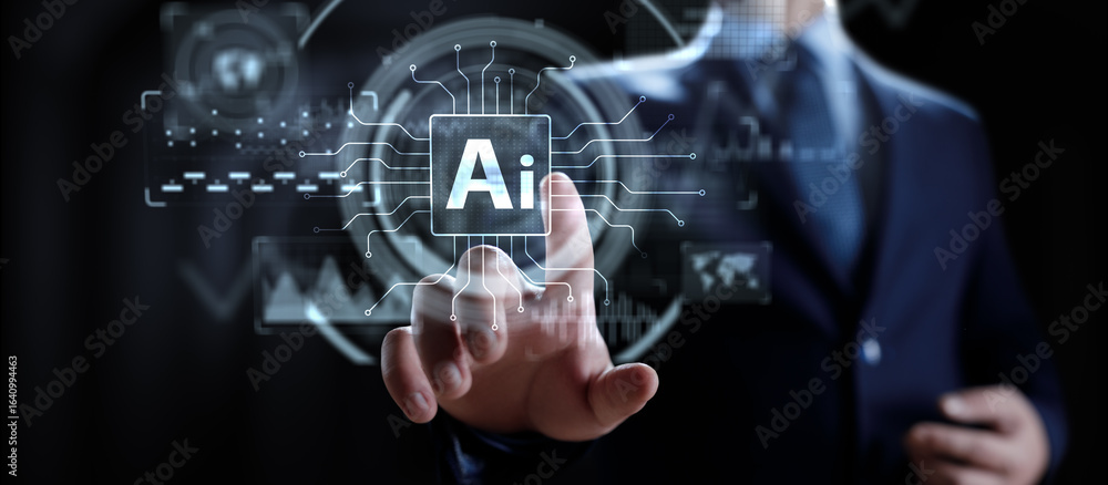 Poster artificial intelligence technology and global business strategy concept with digital interface.