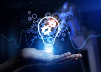 Integration Unifying Systems and Processes for Enhanced Efficiency with Human Hand Holding Lamp Hologram.