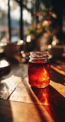 A clear glass jar of reddish-brown liquid sits on a wooden table, bathed in sunlight filtering through a window