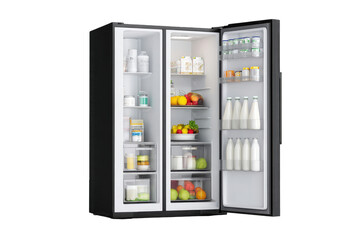 Open black refrigerator, filled with various food items