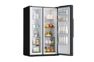 Open black refrigerator, filled with various food items