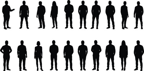 Silhouette of Diverse Group of People Standing, Isolated on White Background, Teamwork Concept, Community Unity, Business Collaboration, Human Figures