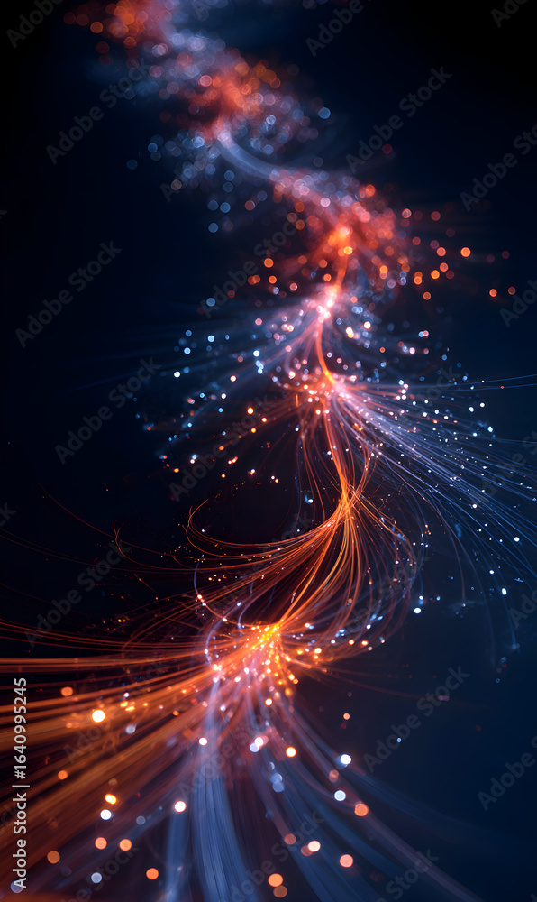 Poster abstract digital artwork of glowing lines and particles a dynamic composition featuring orange and b