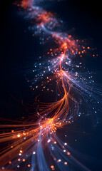 Obraz premium Abstract digital artwork of glowing lines and particles a dynamic composition featuring orange and blue light trails creating a sense of energy and connection on a dark