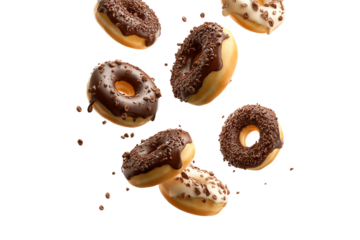 Several chocolate frosted donuts falling isolated on transparent background