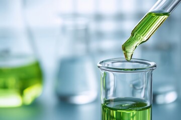 Green liquid being dispensed into a test tube in a lab setting