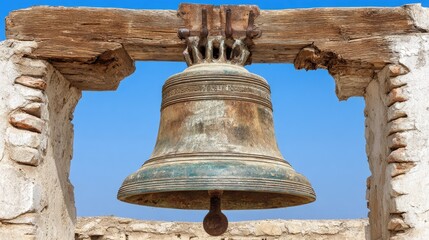 Old Bronze Bell Hangs from Wooden Frame Against Clear Blue Sky at Historical Ruins Landscape