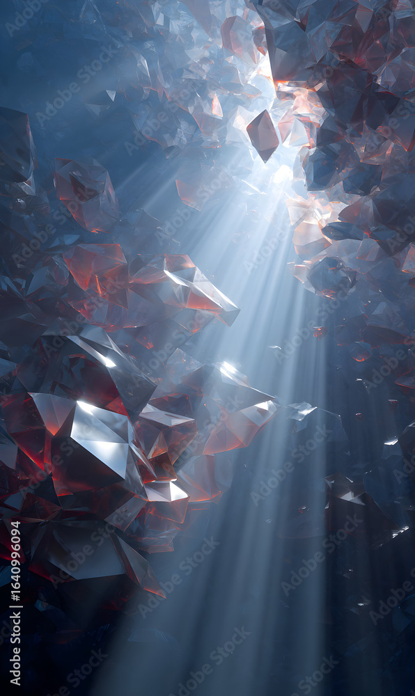 Poster abstract crystalline formation with light shafts illuminating jagged peaks creating a visually dynam