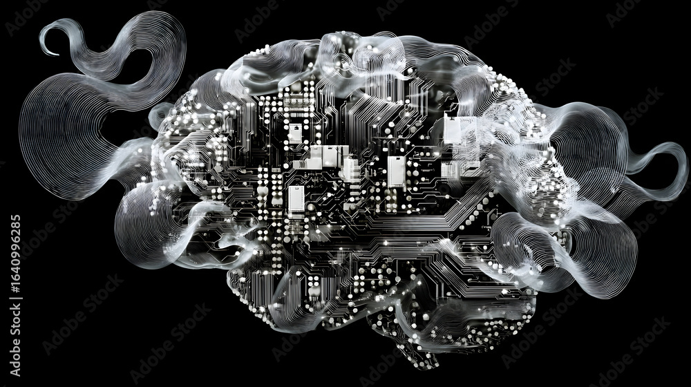 Poster Abstract brain artwork depicting neural network connections and complex circuitry symbolizing artificial intelligence machine learning with glowing nodes for the digital