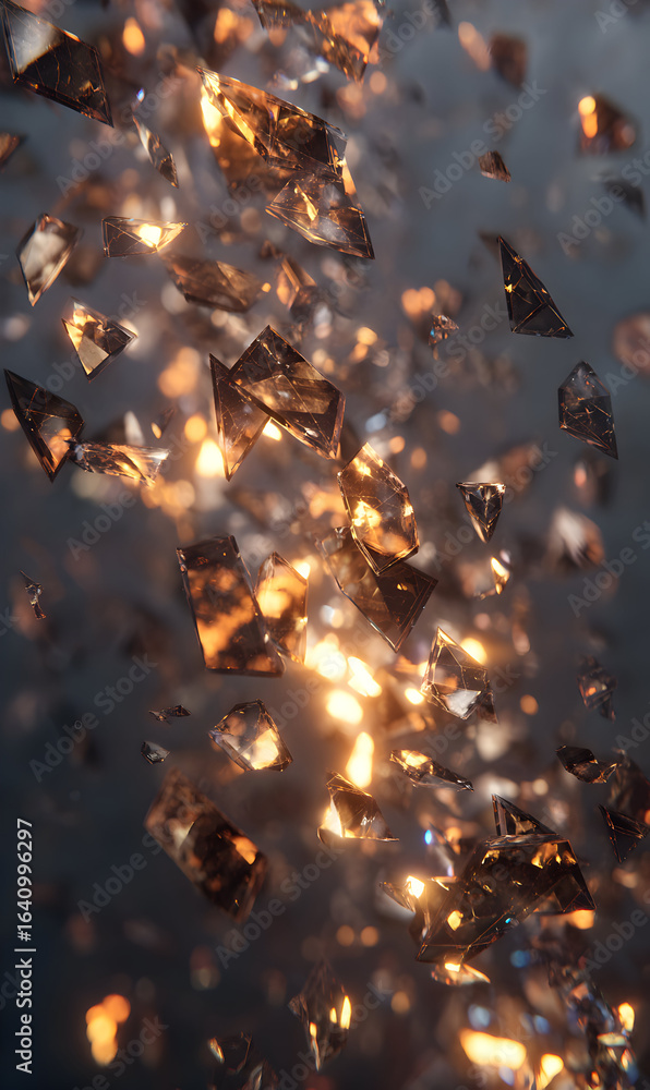 Poster Abstract shattered crystalline fragments float in blurred golden amber light creating a mesmerizing visual texture for background designs and symbolic representations like