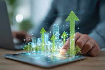 Businessperson interacts with tablet, showing upward growth of sustainable urban development