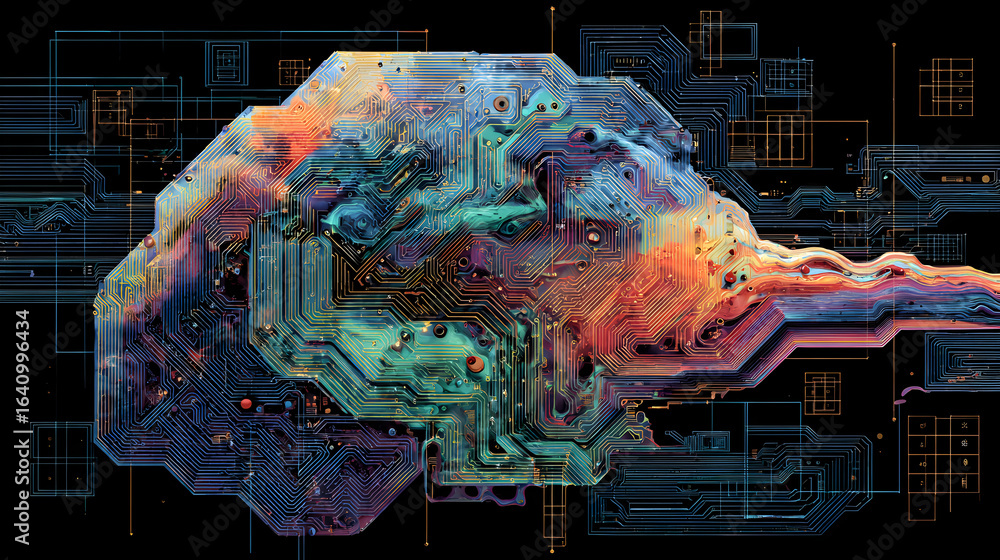 Poster artificial intelligence futuristic concept showcasing vibrant interconnected circuit patterns agains