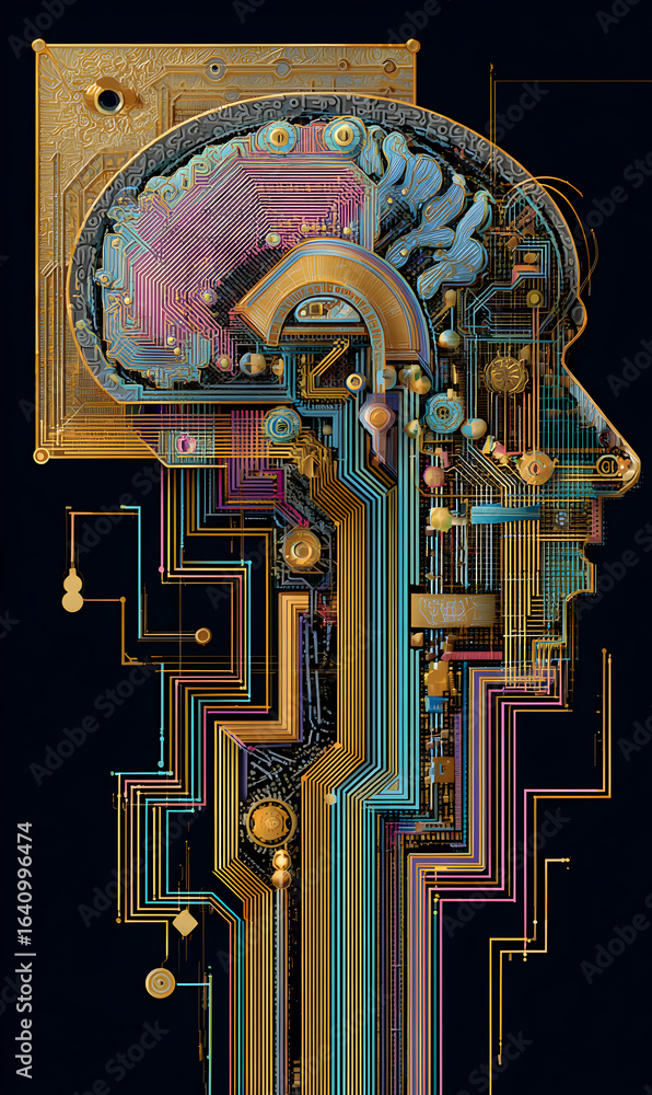 Poster abstract human head circuitry design with intricate golden lines and vibrant colors representing art