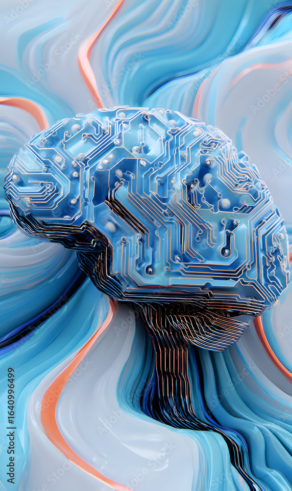Poster futuristic digital brain representing artificial intelligence on fluid background showcases machine 