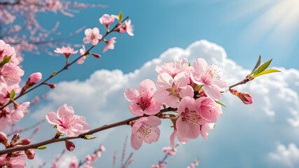 Obraz premium Closeup of beautiful pink cherry blossom flowers blooming on a tree branch in spring