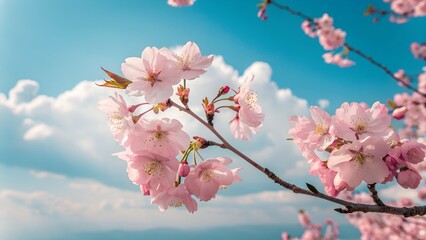Pink cherry blossoms bloom on branches against a beautiful blue sky in spring