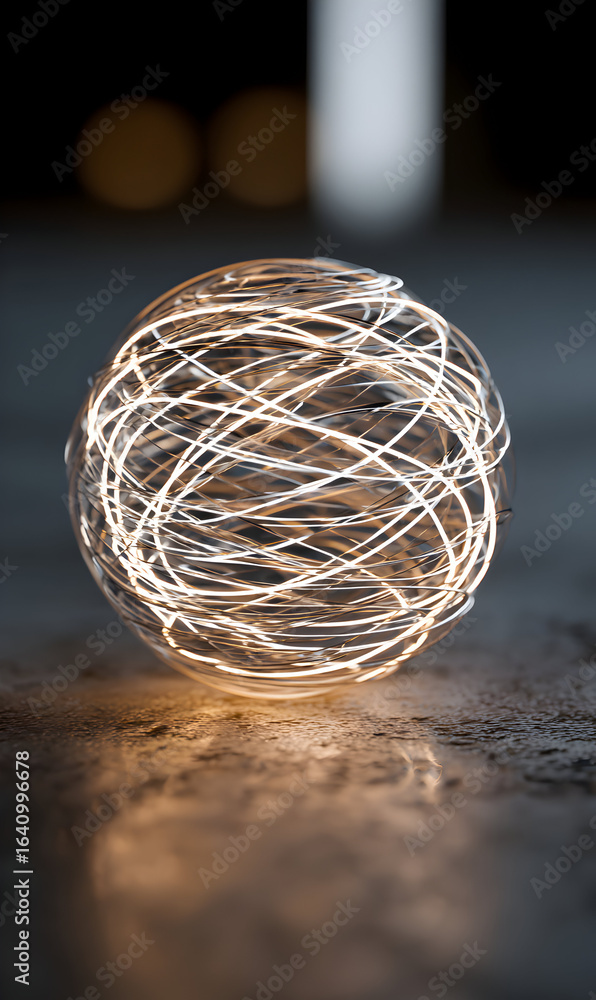 Poster abstract illuminated sphere with intricate glowing filaments resting on concrete surface creates a m