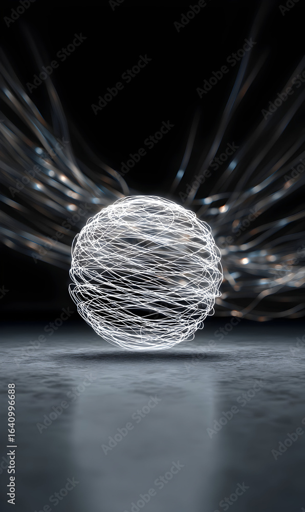Poster abstract ethereal sphere of glowing interwoven strands creating a futuristic technology concept illu