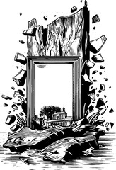 Vintage futuristic frame with hand-drawn engraved elements for design and decoration