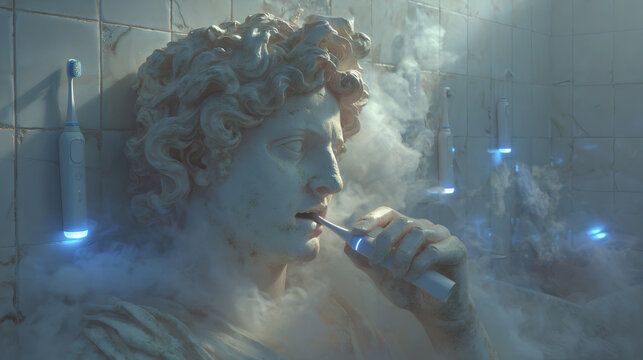 Classical statue smoking electronic cigarette in futuristic blue neon environment. Ancient meets modern concept. Creative digital art composition with smoke and vapor effects