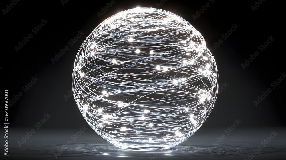 Poster abstract glowing sphere of light threads on a dark background representing global connection network