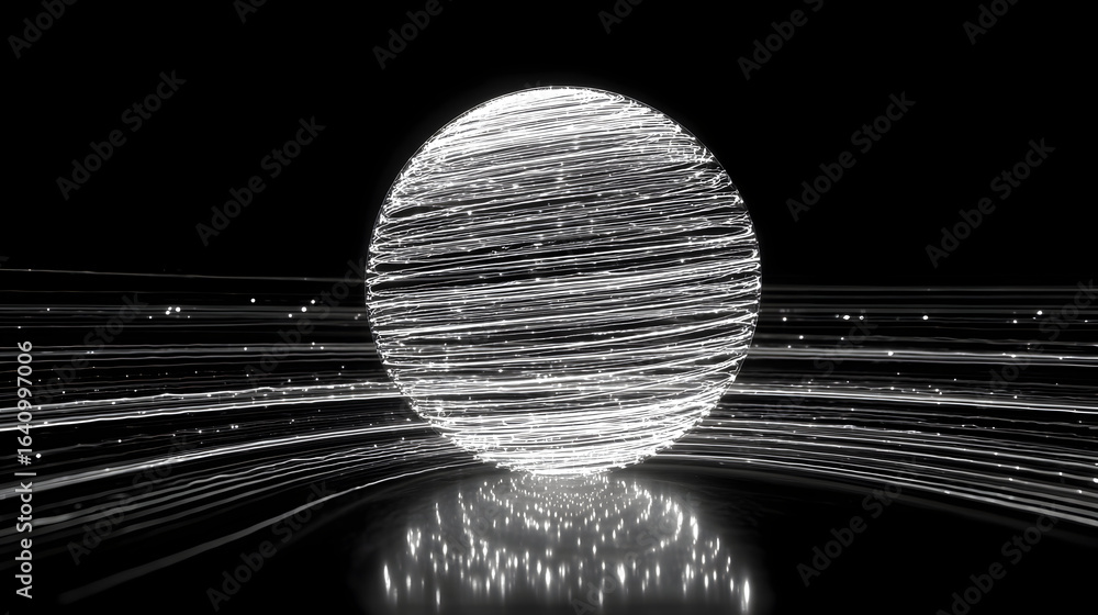 Poster glowing sphere surrounded by light trails on reflective surface showcasing modern abstract design pe