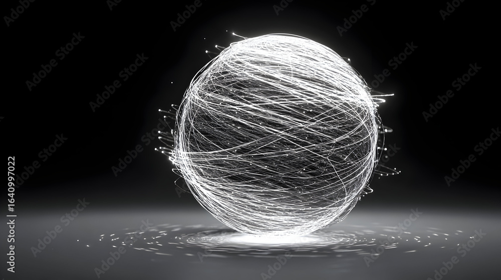 Poster abstract glowing sphere formed by intricate threads resembling a digital network showcasing intercon
