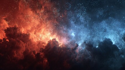 Fototapeta premium Majestic Night Sky Illuminated with Vibrant Fireworks and Dramatic Clouds in a Spectacular Celestial Display
