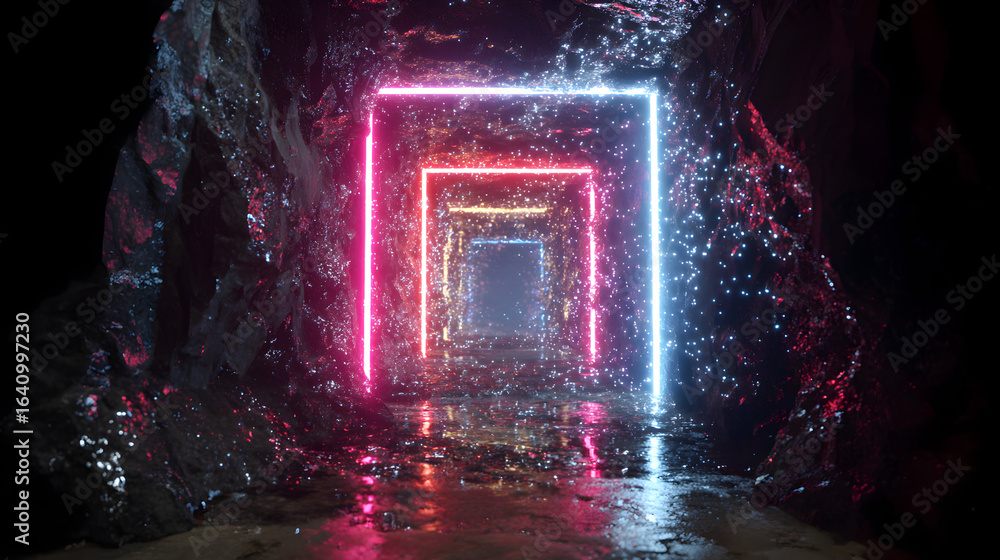 Poster mystical cave illuminated by vibrant neon square portals casting shimmering reflections on the damp 