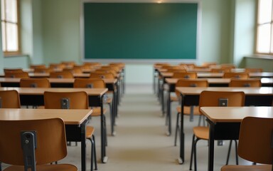 Empty classroom with vintage tone wooden chairs. Back to school concept. High quality